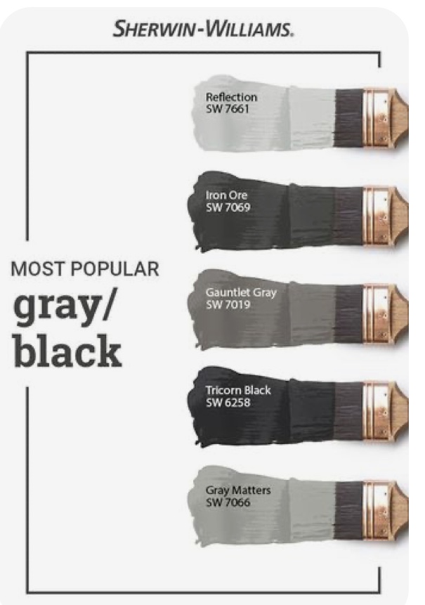 popular blacks
popular grays
Sherwin Williams
