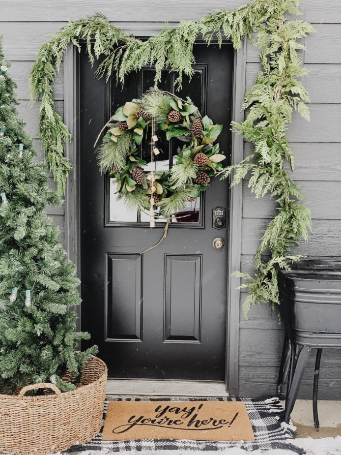 wreath, Christmas, front door, black house, jingle bell garland